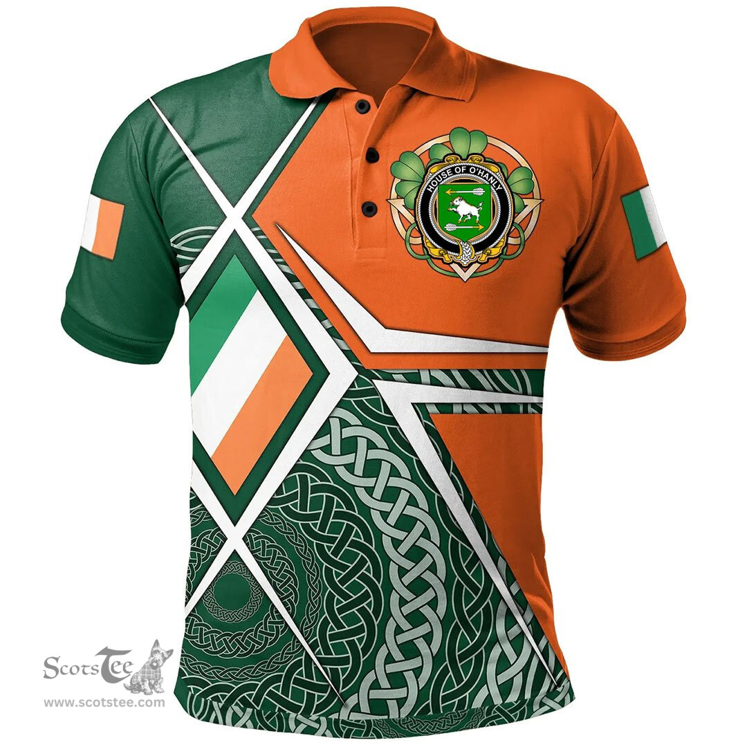 ScotsTee Shop Irish House of O'HANLY Family Crest Irish Polo Shirt Ireland Green White and Orange Irish Legend Polo Shirt