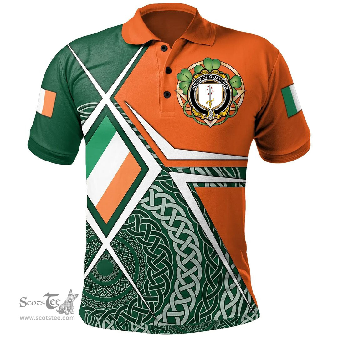 ScotsTee Shop Irish House of O'DAVOREN Family Crest Irish Polo Shirt Ireland Green White and Orange Irish Legend Polo Shirt