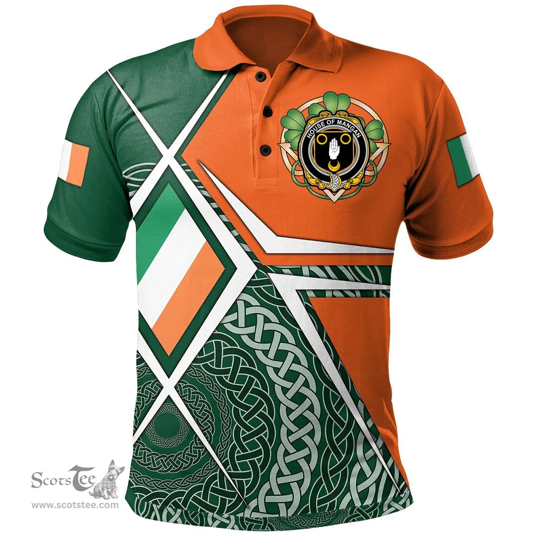 ScotsTee Shop Irish House of MANGAN Family Crest Irish Polo Shirt Ireland Green White and Orange Irish Legend Polo Shirt