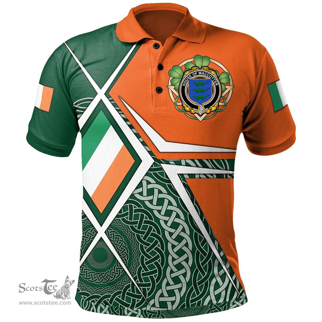 ScotsTee Shop Irish House of MACCOTTER Family Crest Irish Polo Shirt Ireland Green White and Orange Irish Legend Polo Shirt