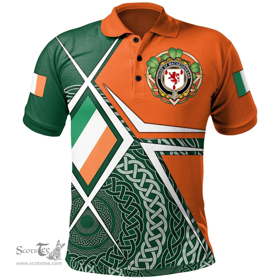 ScotsTee Shop Irish House of MACGEOGHEGAN Family Crest Irish Polo Shirt Ireland Green White and Orange Irish Legend Polo Shirt