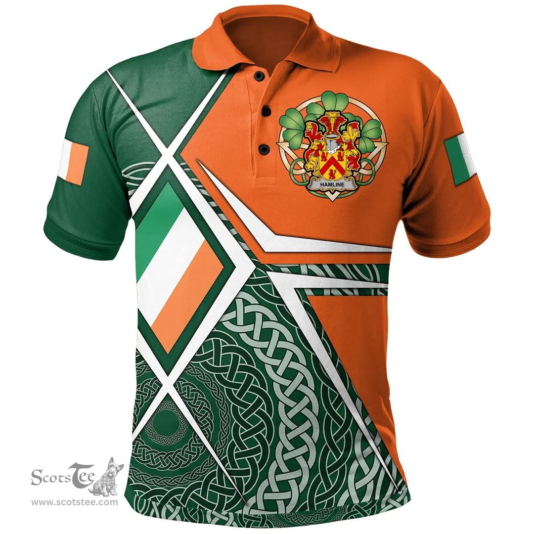 ScotsTee Shop Irish Hamline Family Crest Irish Polo Shirt Ireland Green White and Orange Irish Legend Polo Shirt