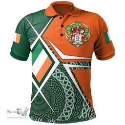 ScotsTee Shop Irish Gun Family Crest Irish Polo Shirt Ireland Green White and Orange Irish Legend Polo Shirt