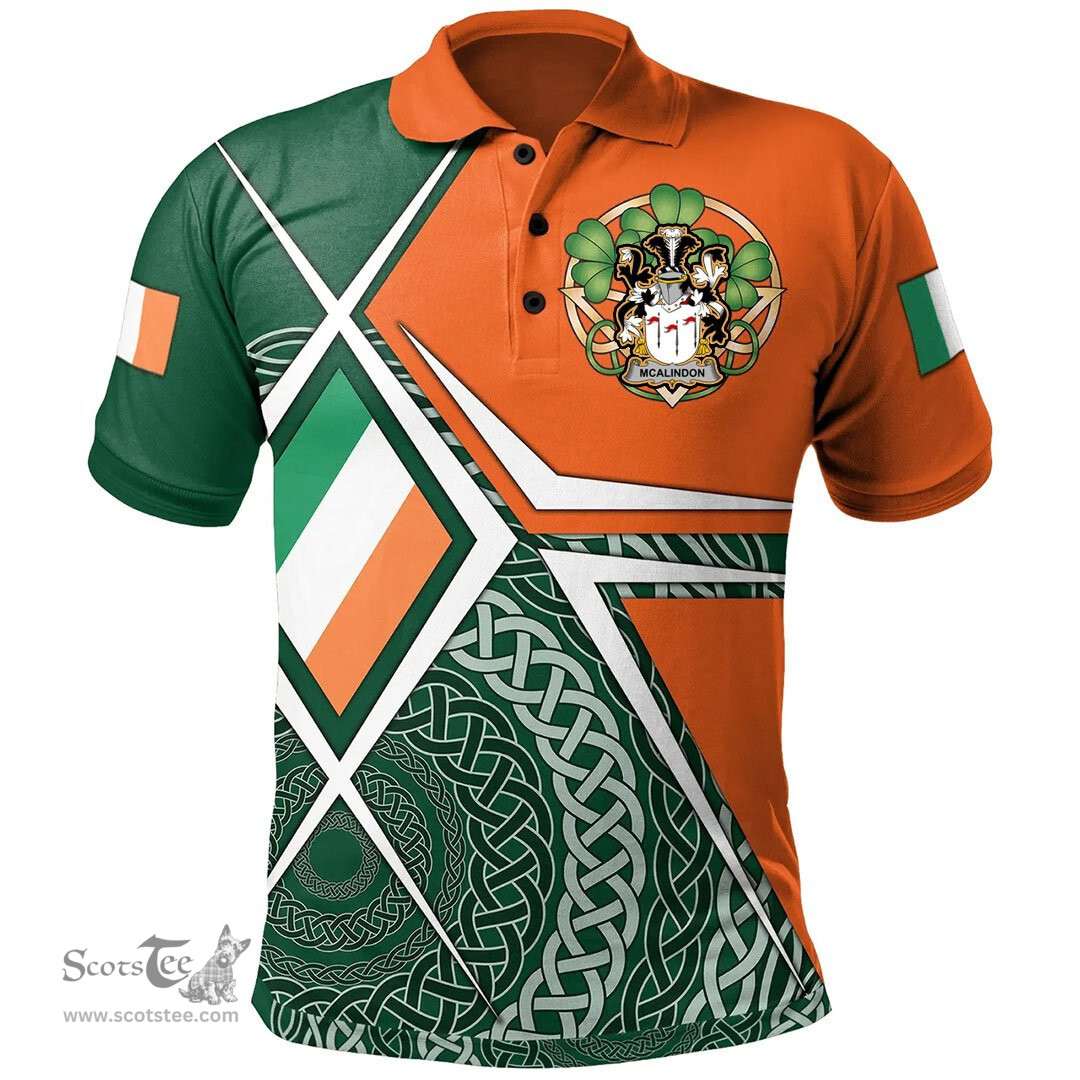 ScotsTee Shop Irish McAlindon or McAlindem Family Crest Irish Polo Shirt Ireland Green White and Orange Irish Legend Polo Shirt