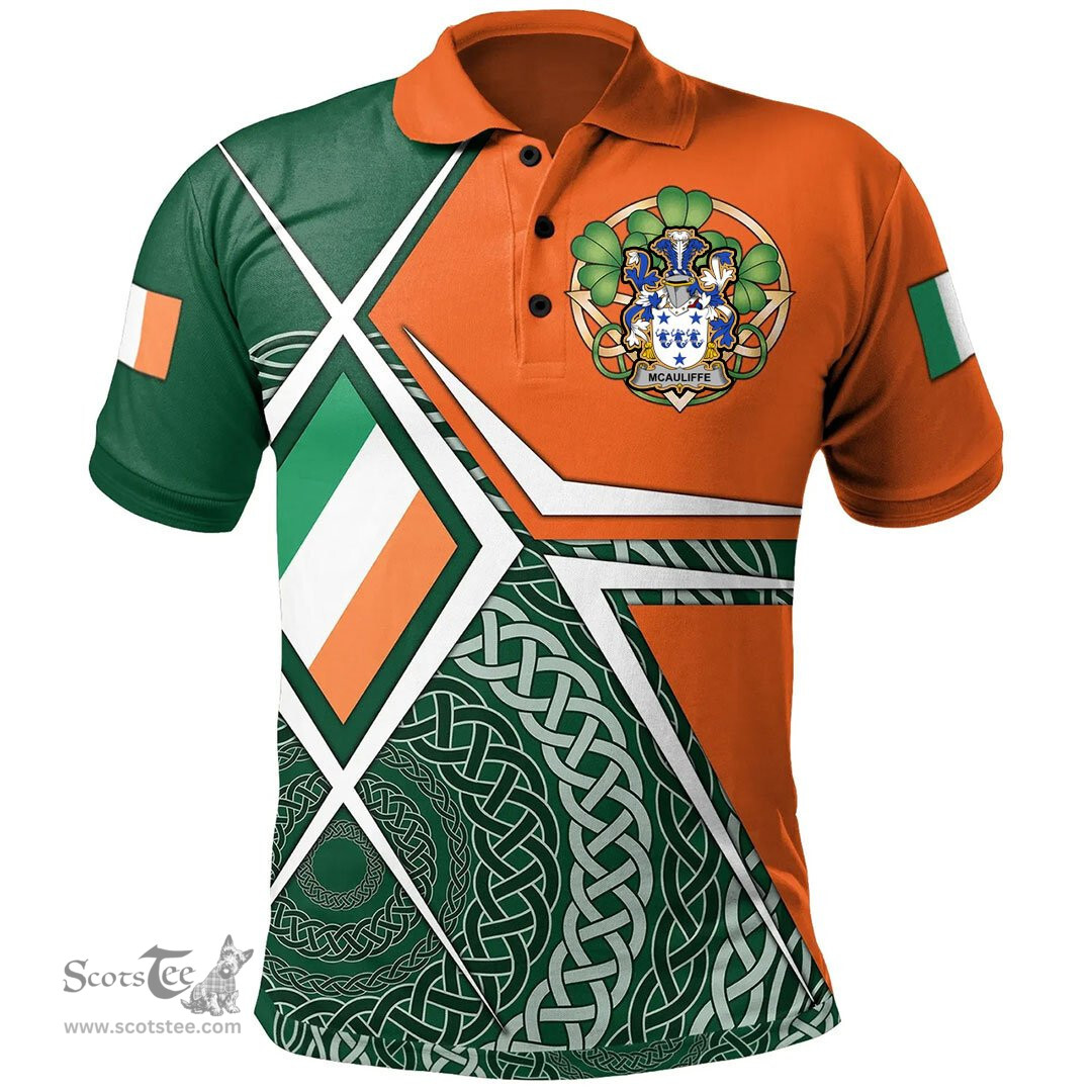 ScotsTee Shop Irish McAuliffe Family Crest Irish Polo Shirt Ireland Green White and Orange Irish Legend Polo Shirt