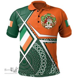 ScotsTee Shop Irish McCluskey Family Crest Irish Polo Shirt Ireland Green White and Orange Irish Legend Polo Shirt