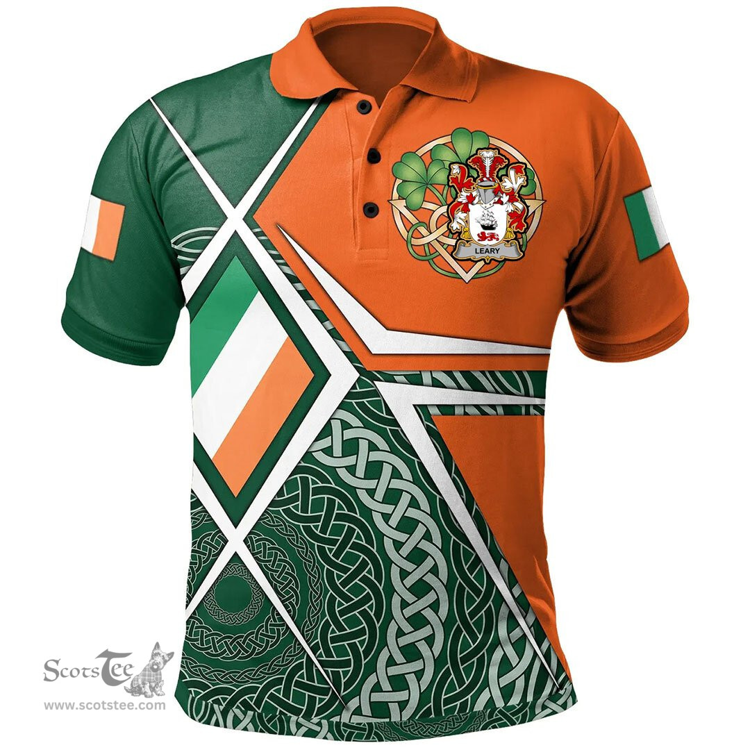 ScotsTee Shop Irish Leary or O'Leary Family Crest Irish Polo Shirt Ireland Green White and Orange Irish Legend Polo Shirt