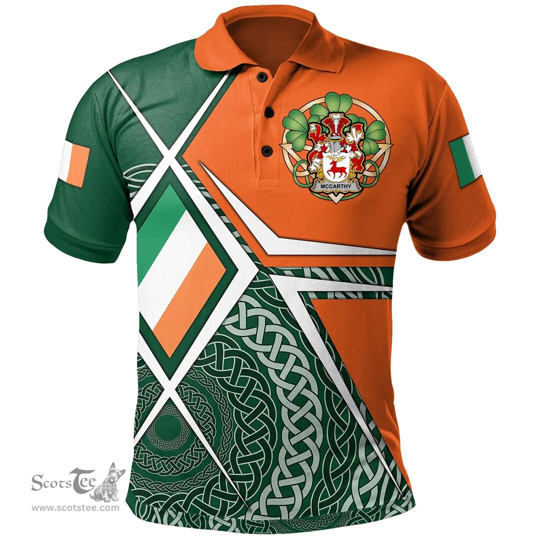 ScotsTee Shop Irish McCarthy Family Crest Irish Polo Shirt Ireland Green White and Orange Irish Legend Polo Shirt
