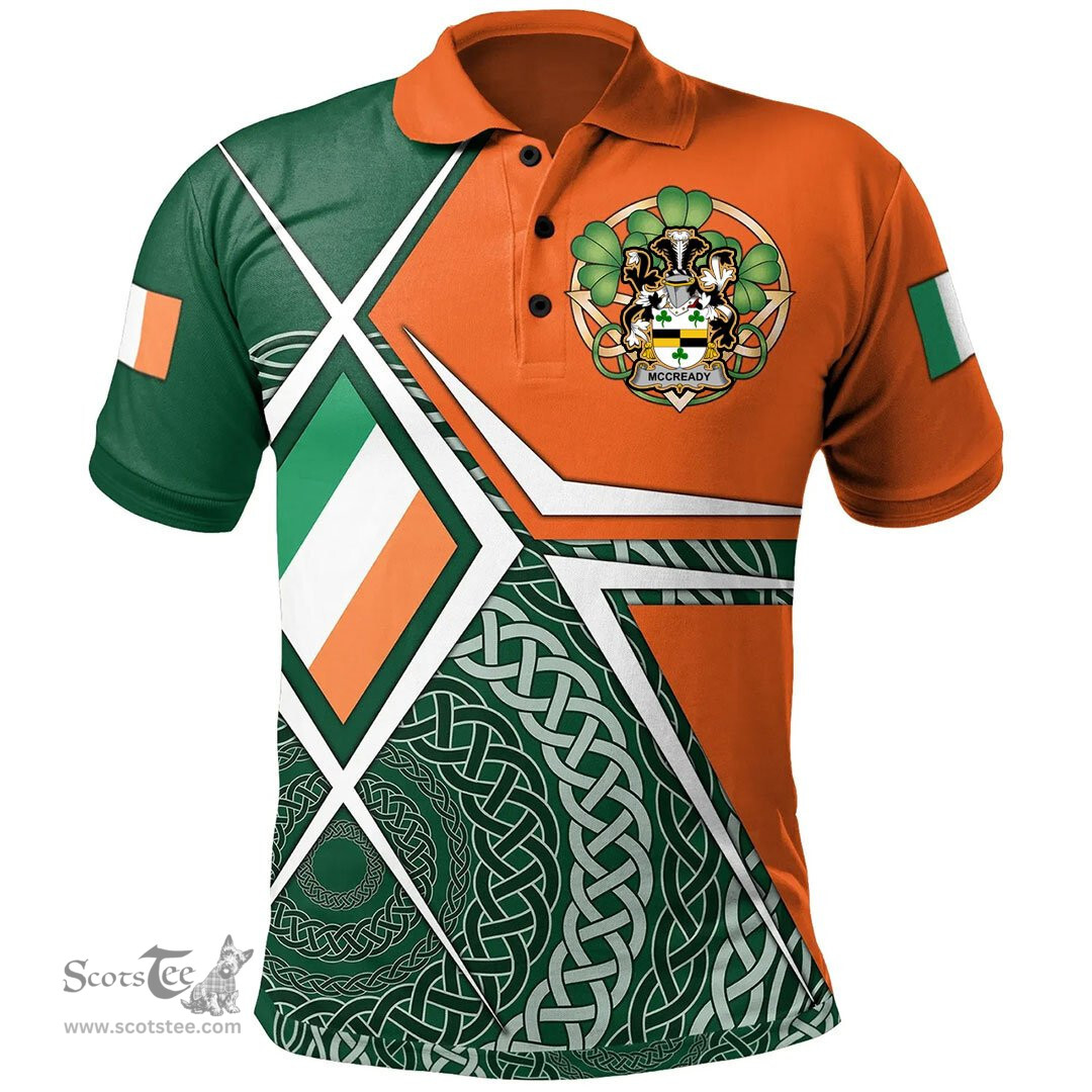 ScotsTee Shop Irish McCready or McCreadie Family Crest Irish Polo Shirt Ireland Green White and Orange Irish Legend Polo Shirt
