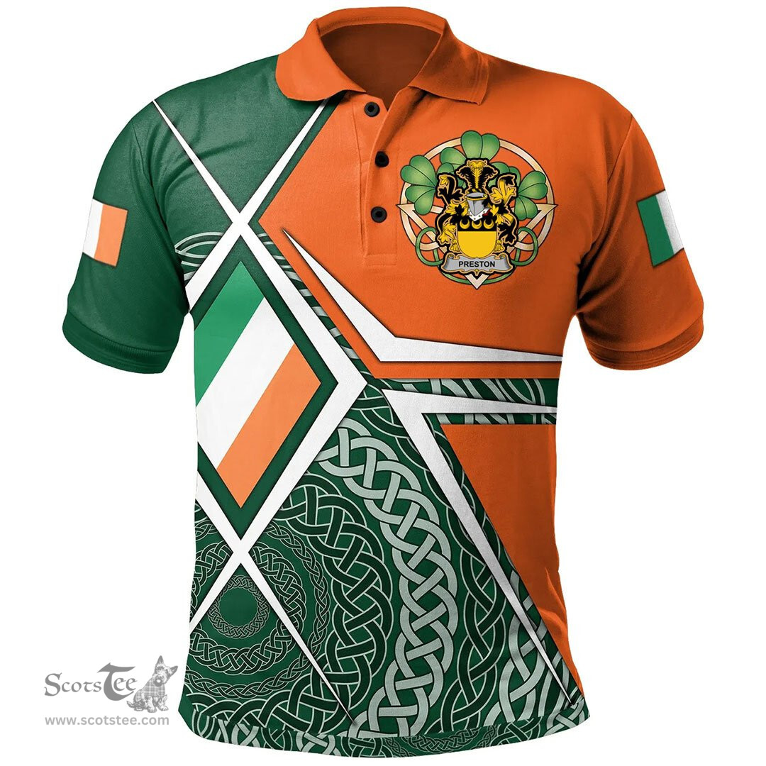 ScotsTee Shop Irish Preston Family Crest Irish Polo Shirt Ireland Green White and Orange Irish Legend Polo Shirt