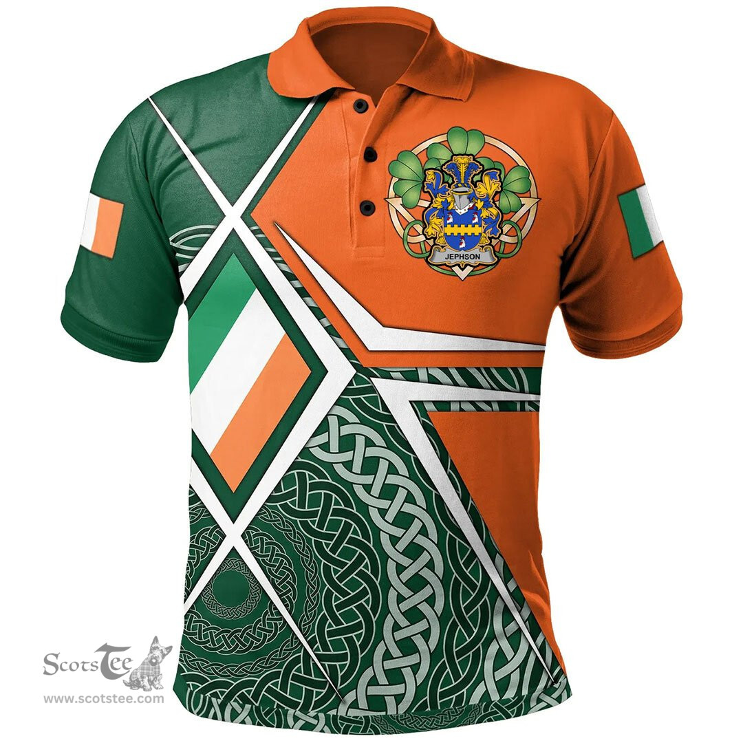 ScotsTee Shop Irish Jephson Family Crest Irish Polo Shirt Ireland Green White and Orange Irish Legend Polo Shirt