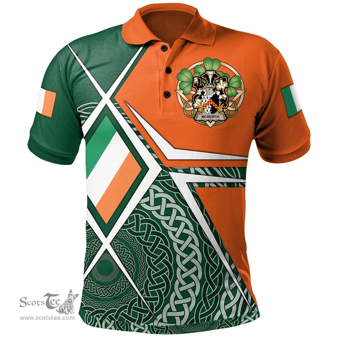 ScotsTee Shop Irish McWorth or MacWorth Family Crest Irish Polo Shirt Ireland Green White and Orange Irish Legend Polo Shirt
