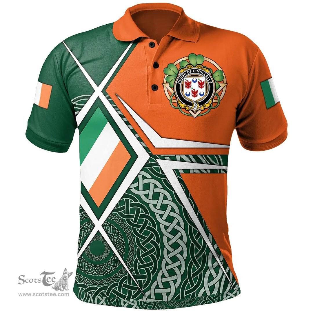 ScotsTee Shop Irish House of O'MULLALLY Family Crest Irish Polo Shirt Ireland Green White and Orange Irish Legend Polo Shirt