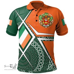 ScotsTee Shop Irish Ronan or O'Ronan Family Crest Irish Polo Shirt Ireland Green White and Orange Irish Legend Polo Shirt