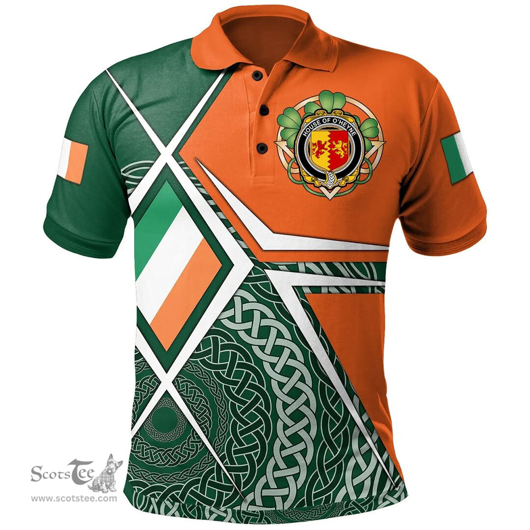 ScotsTee Shop Irish House of O'HEYNE Family Crest Irish Polo Shirt Ireland Green White and Orange Irish Legend Polo Shirt
