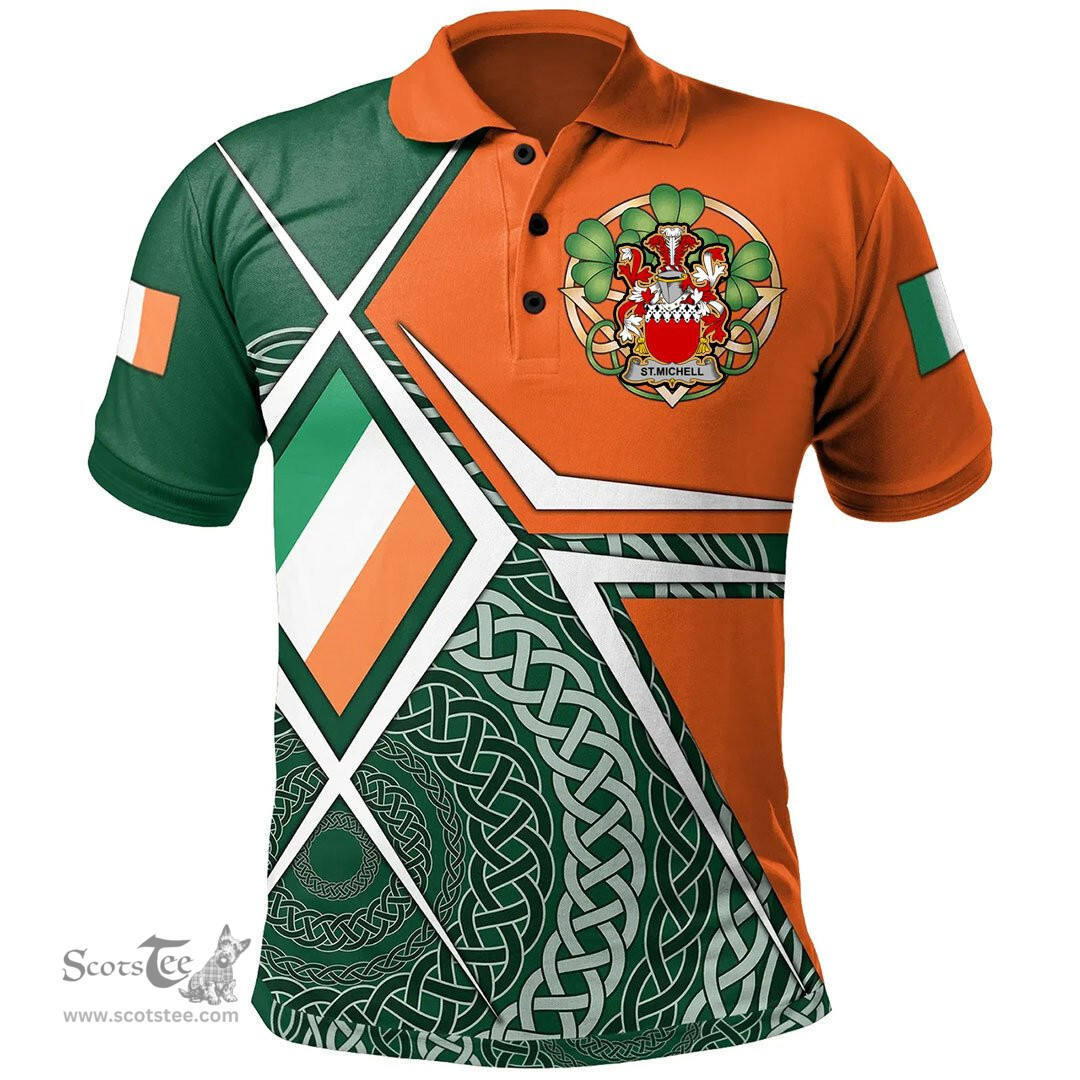 ScotsTee Shop Irish St.Michell Family Crest Irish Polo Shirt Ireland Green White and Orange Irish Legend Polo Shirt