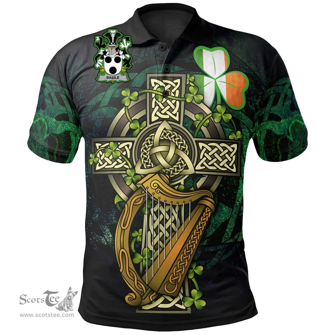 ScotsTee Shop Irish Basile Irish Family Crest Polo Shirt - Ireland Shamrock with Celtic Cross A7