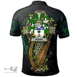 ScotsTee Shop Irish Beirne or O'Beirne Irish Family Crest Polo Shirt - Ireland Shamrock with Celtic Cross A7