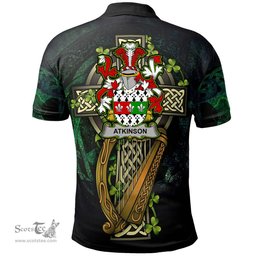 ScotsTee Shop Irish Atkinson Irish Family Crest Polo Shirt - Ireland Shamrock with Celtic Cross A7