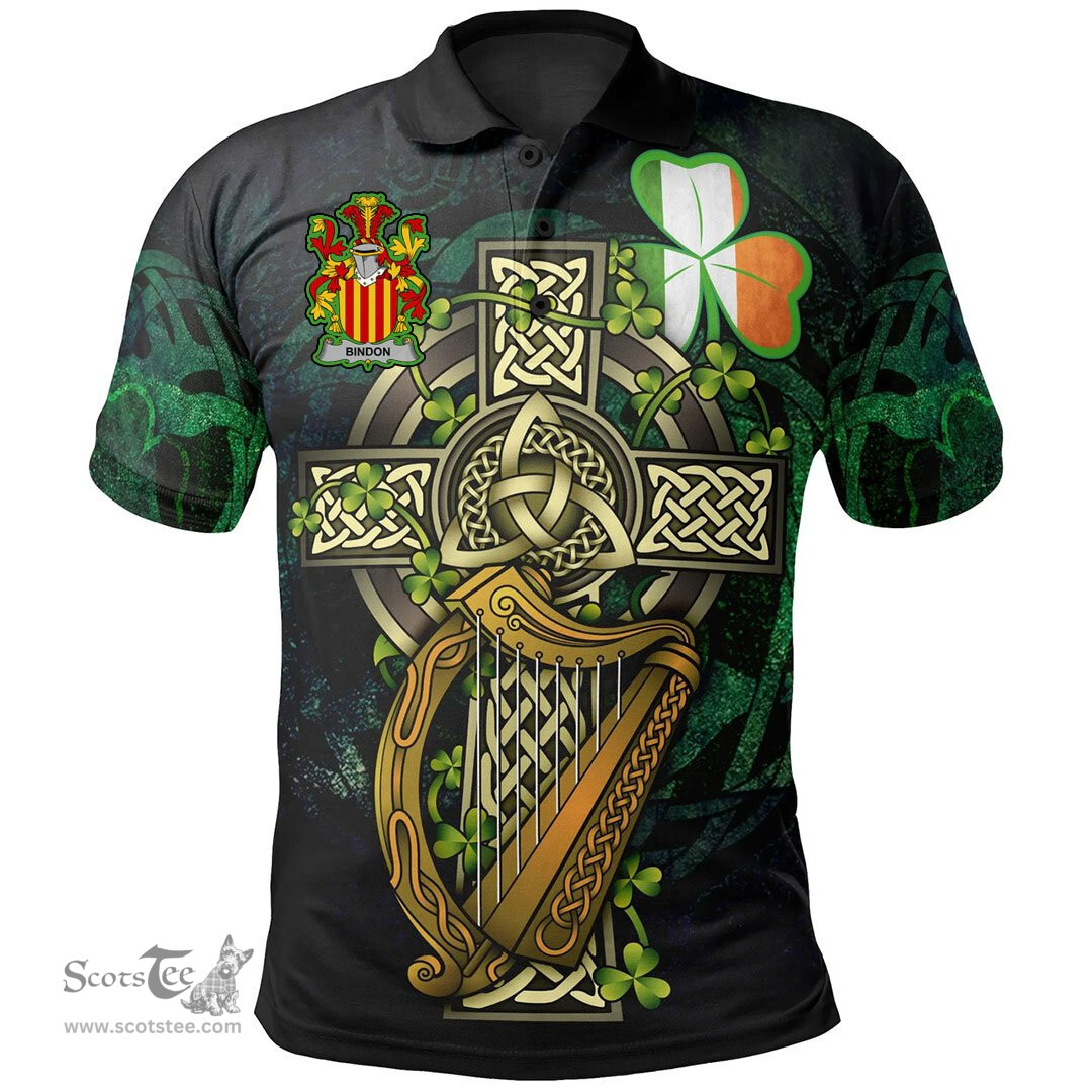 ScotsTee Shop Irish Bindon Irish Family Crest Polo Shirt - Ireland Shamrock with Celtic Cross A7