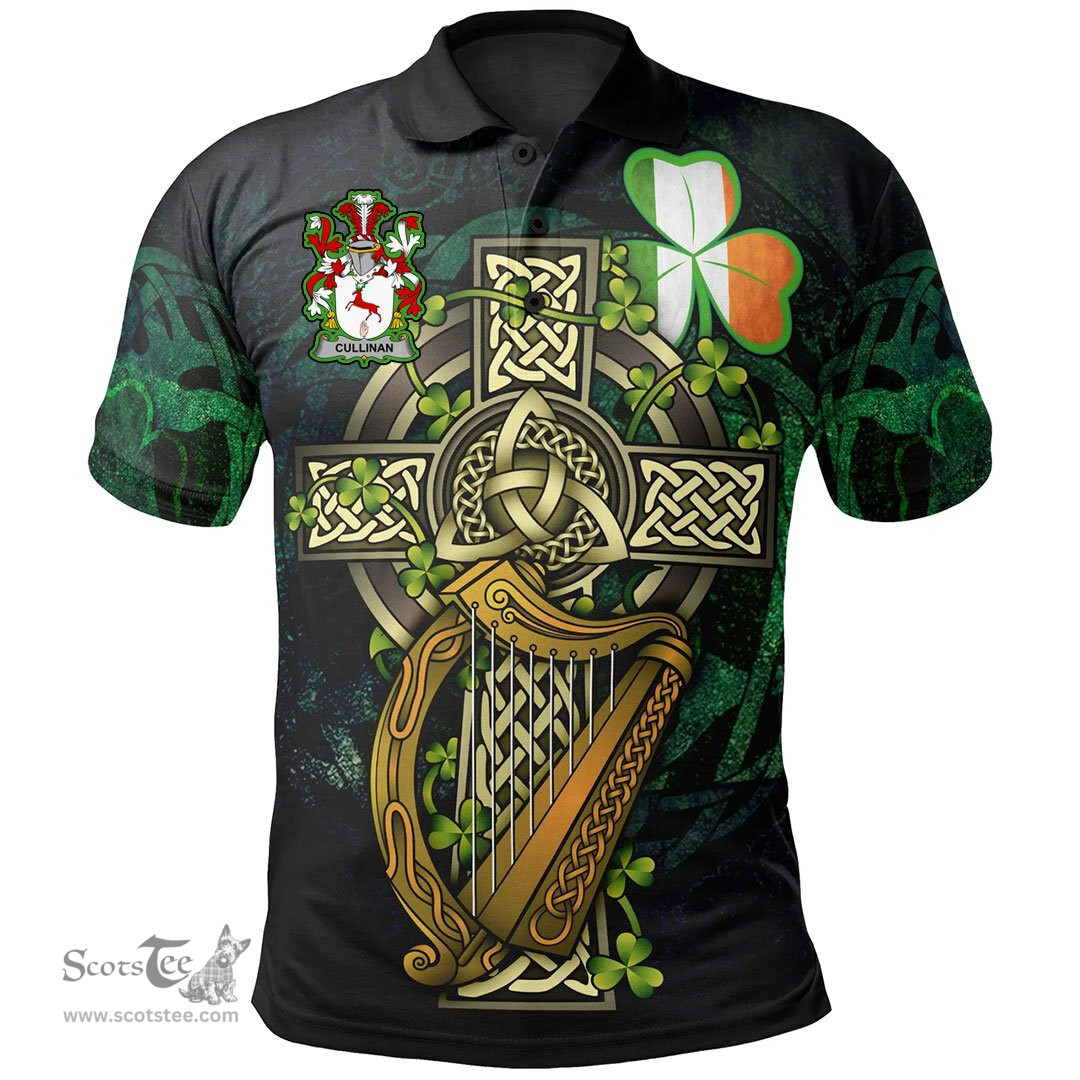 ScotsTee Shop Irish Cullinan or O'Cullinane Irish Family Crest Polo Shirt - Ireland Shamrock with Celtic Cross A7