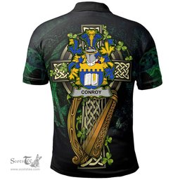 ScotsTee Shop Irish Conroy or O'Mulconroy Irish Family Crest Polo Shirt - Ireland Shamrock with Celtic Cross A7