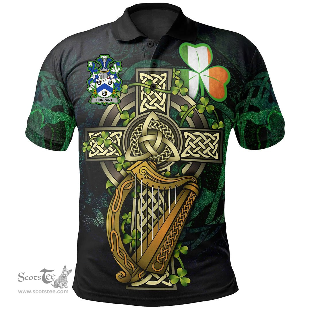 ScotsTee Shop Irish Durrant Irish Family Crest Polo Shirt - Ireland Shamrock with Celtic Cross A7