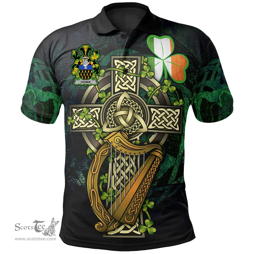 ScotsTee Shop Irish Cooke Irish Family Crest Polo Shirt - Ireland Shamrock with Celtic Cross A7
