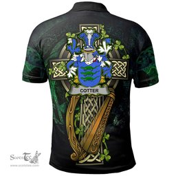 ScotsTee Shop Irish Cotter or MacCotter Irish Family Crest Polo Shirt - Ireland Shamrock with Celtic Cross A7