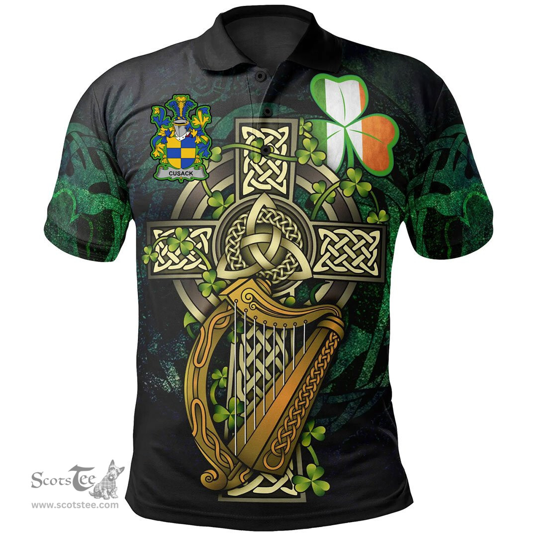 ScotsTee Shop Irish Cusack Irish Family Crest Polo Shirt - Ireland Shamrock with Celtic Cross A7