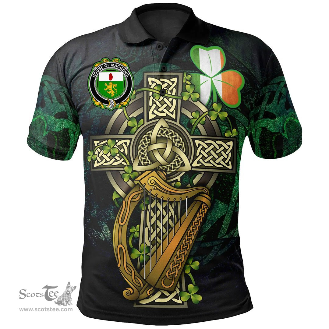 ScotsTee Shop Irish House of MACGENIS Irish Family Crest Polo Shirt - Ireland Shamrock with Celtic Cross A7