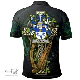 ScotsTee Shop Irish Geary or O'Geary Irish Family Crest Polo Shirt - Ireland Shamrock with Celtic Cross A7