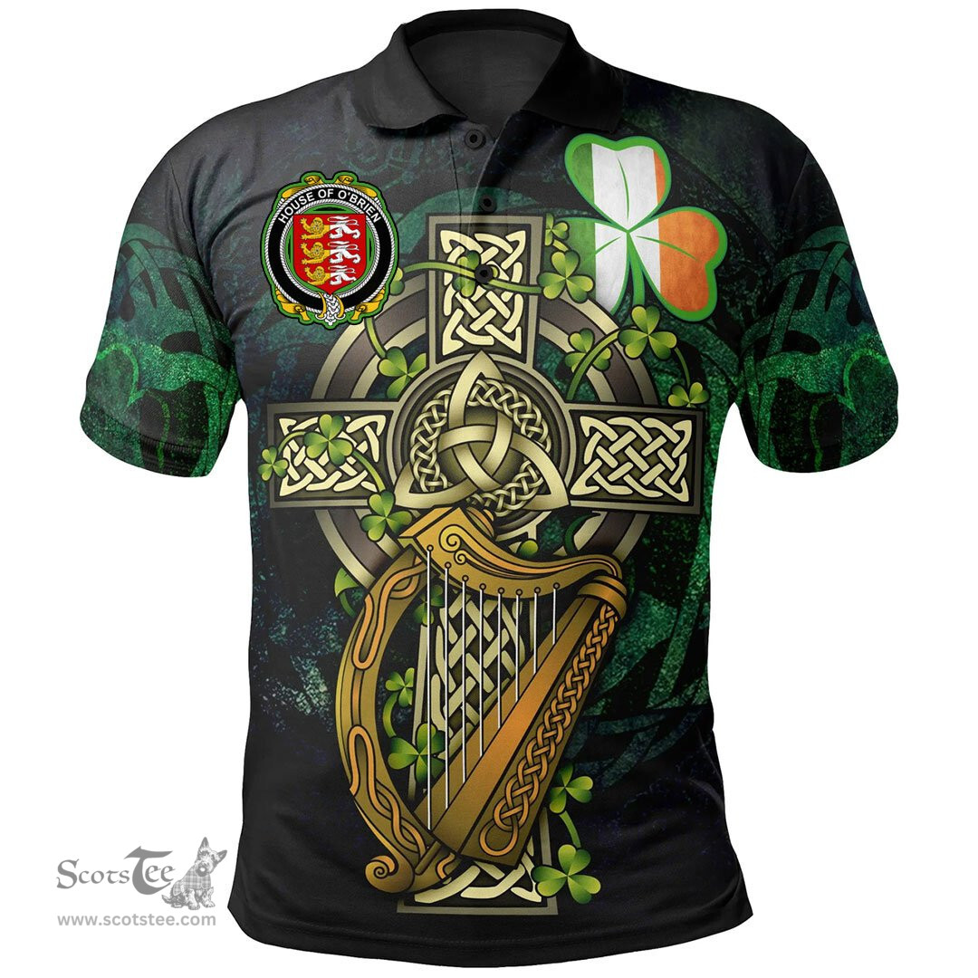 ScotsTee Shop Irish House of O'BRIEN Irish Family Crest Polo Shirt - Ireland Shamrock with Celtic Cross A7