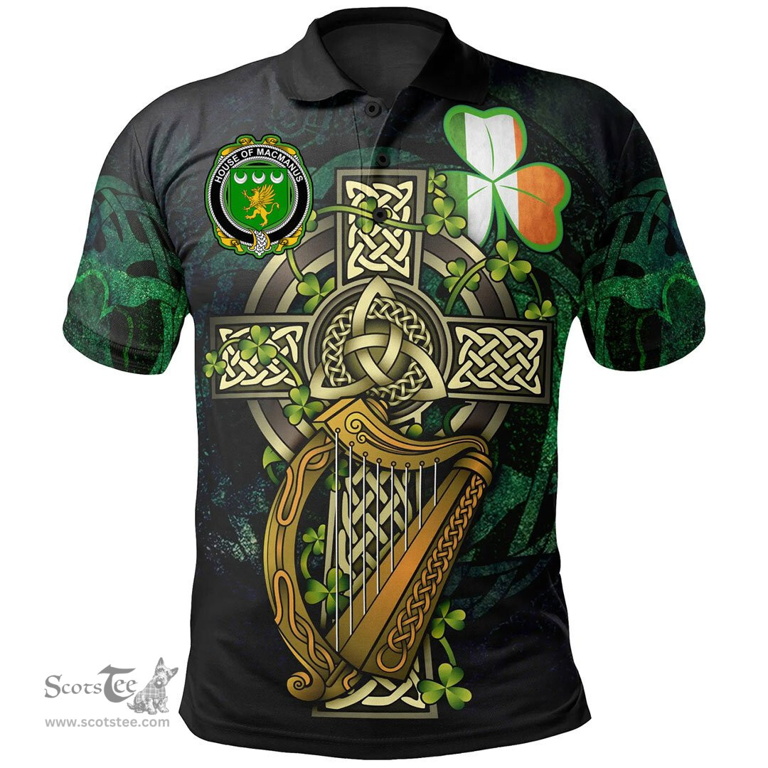 ScotsTee Shop Irish House of MACMANUS Irish Family Crest Polo Shirt - Ireland Shamrock with Celtic Cross A7
