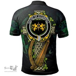 ScotsTee Shop Irish House of O'CARROLL Irish Family Crest Polo Shirt - Ireland Shamrock with Celtic Cross A7