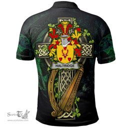 ScotsTee Shop Irish Haltridge Irish Family Crest Polo Shirt - Ireland Shamrock with Celtic Cross A7
