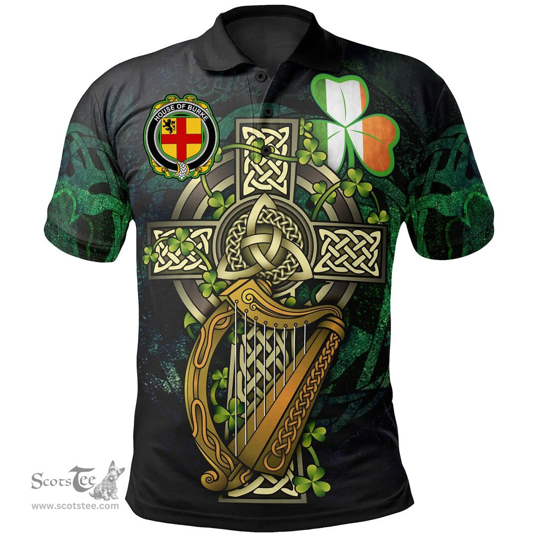 ScotsTee Shop Irish House of BURKE Irish Family Crest Polo Shirt - Ireland Shamrock with Celtic Cross A7