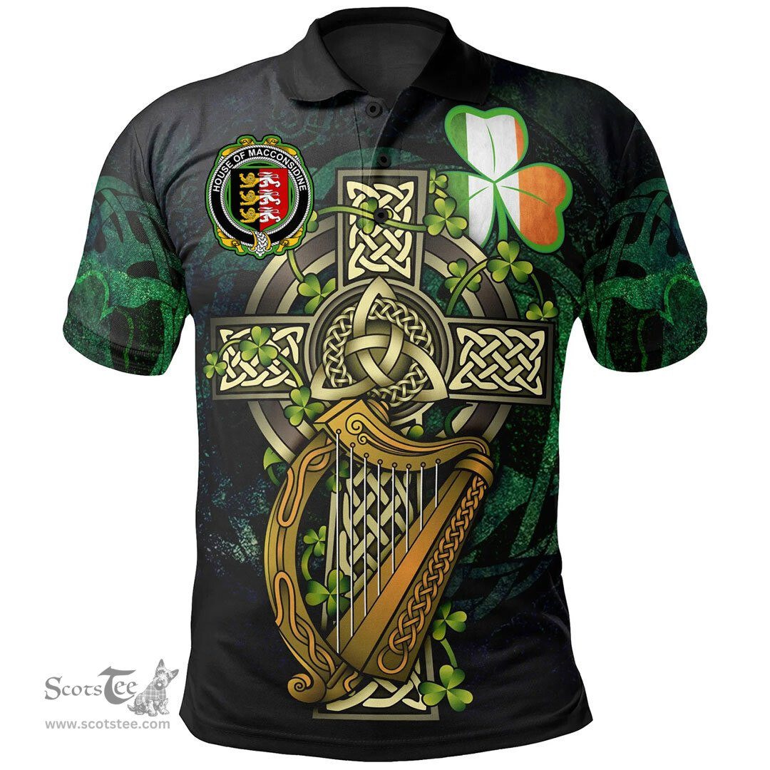 ScotsTee Shop Irish House of MACCONSIDINE Irish Family Crest Polo Shirt - Ireland Shamrock with Celtic Cross A7
