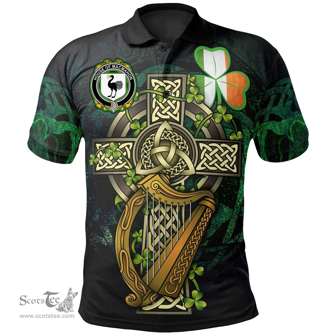 ScotsTee Shop Irish House of MACMAHON (Oriel) Irish Family Crest Polo Shirt - Ireland Shamrock with Celtic Cross A7