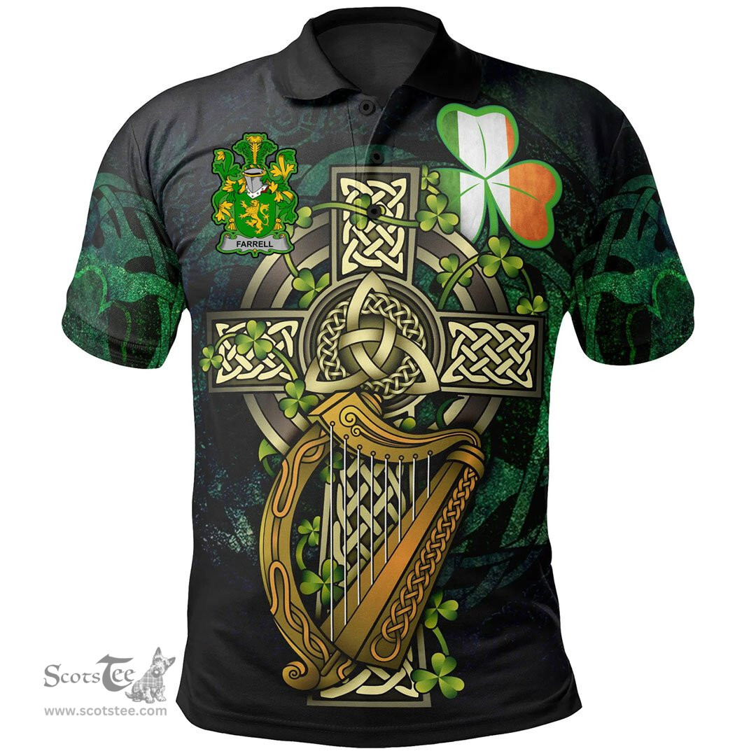 ScotsTee Shop Irish Farrell or O'Ferrell Irish Family Crest Polo Shirt - Ireland Shamrock with Celtic Cross A7