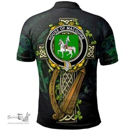ScotsTee Shop Irish House of MACGUIRE Irish Family Crest Polo Shirt - Ireland Shamrock with Celtic Cross A7