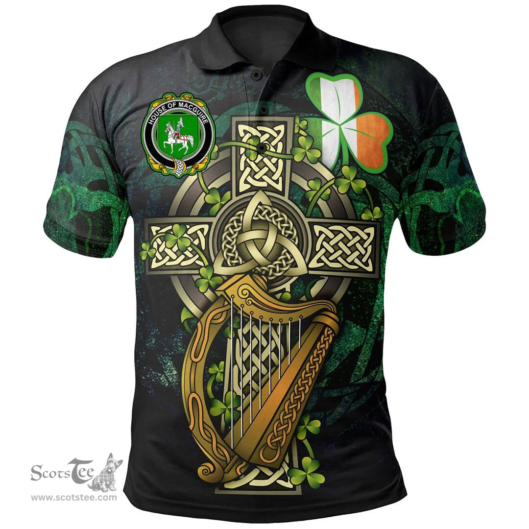 ScotsTee Shop Irish House of MACGUIRE Irish Family Crest Polo Shirt - Ireland Shamrock with Celtic Cross A7