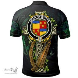 ScotsTee Shop Irish House of BUTLER Irish Family Crest Polo Shirt - Ireland Shamrock with Celtic Cross A7