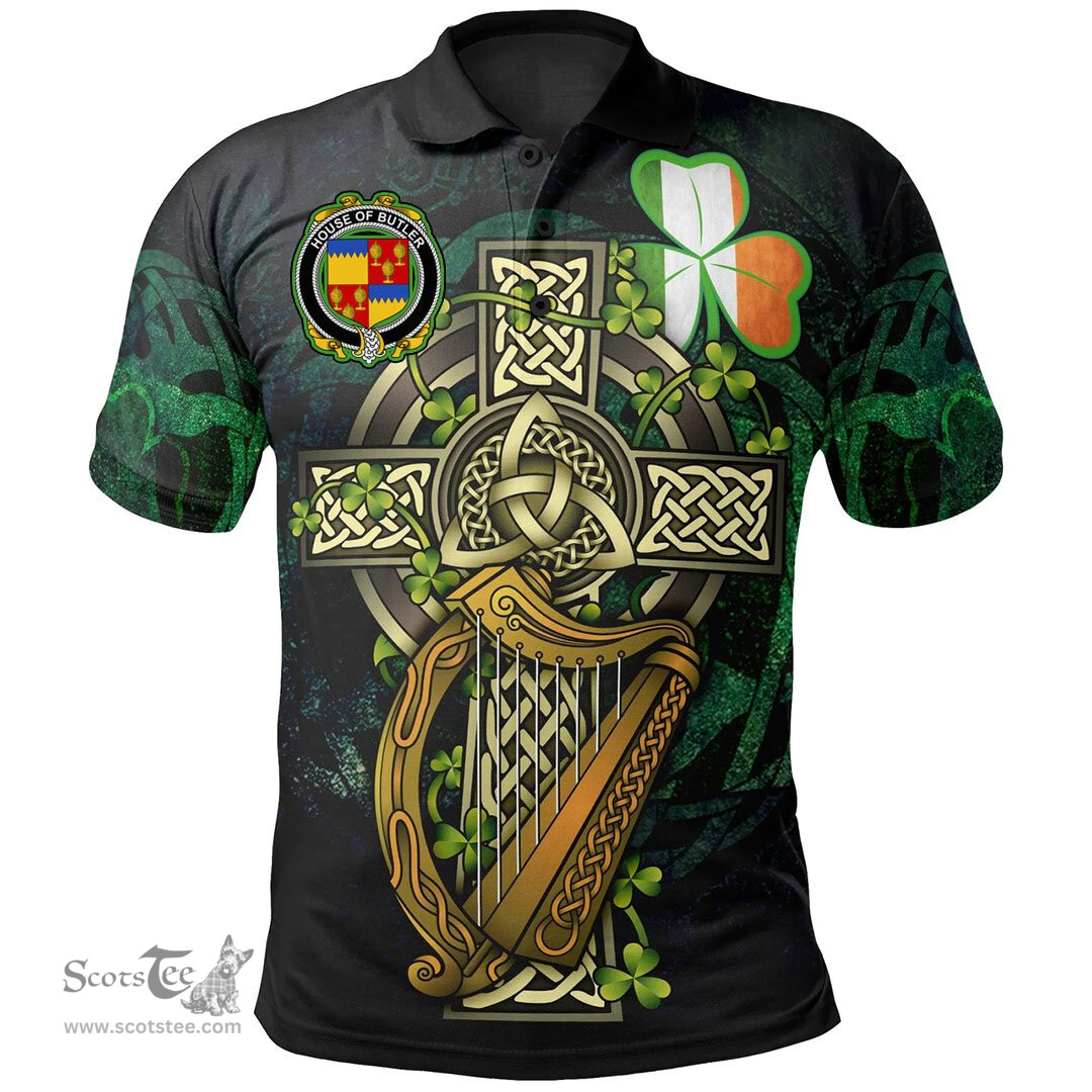 ScotsTee Shop Irish House of BUTLER Irish Family Crest Polo Shirt - Ireland Shamrock with Celtic Cross A7