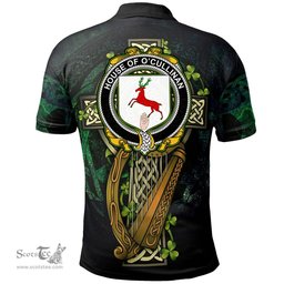 ScotsTee Shop Irish House of O'CULLINAN Irish Family Crest Polo Shirt - Ireland Shamrock with Celtic Cross A7
