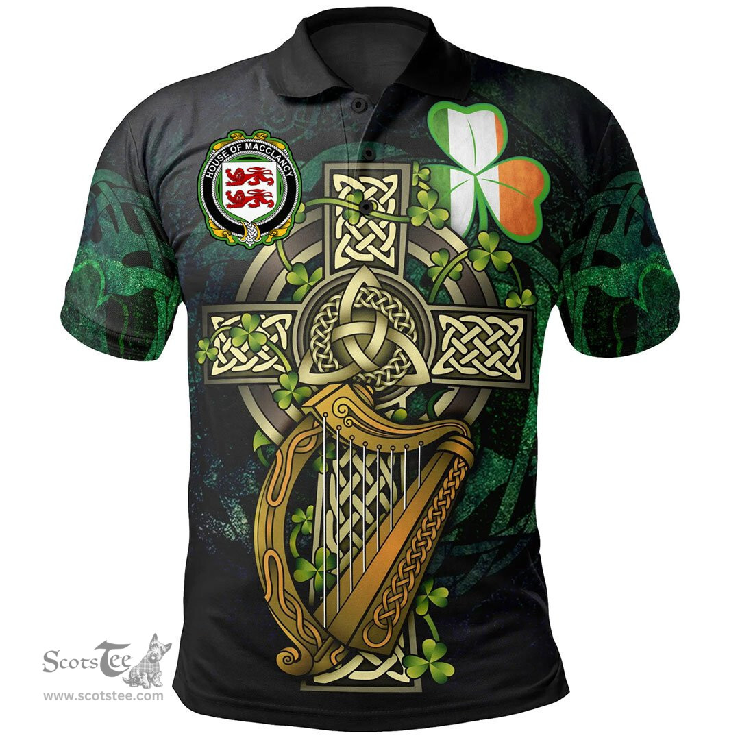 ScotsTee Shop Irish House of MACCLANCY Irish Family Crest Polo Shirt - Ireland Shamrock with Celtic Cross A7