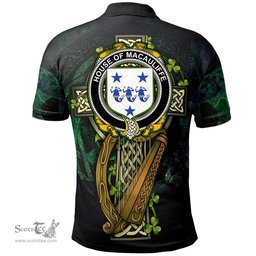 ScotsTee Shop Irish House of MACAULIFFE Irish Family Crest Polo Shirt - Ireland Shamrock with Celtic Cross A7