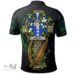 ScotsTee Shop Irish Healey or O'Healey Irish Family Crest Polo Shirt - Ireland Shamrock with Celtic Cross A7