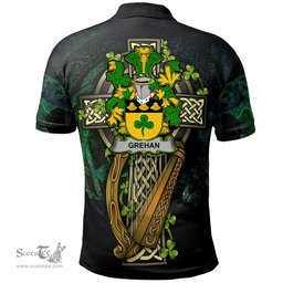 ScotsTee Shop Irish Grehan or O'Greaghan Irish Family Crest Polo Shirt - Ireland Shamrock with Celtic Cross A7