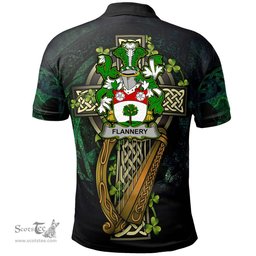 ScotsTee Shop Irish Flannery or O'Flannery Irish Family Crest Polo Shirt - Ireland Shamrock with Celtic Cross A7